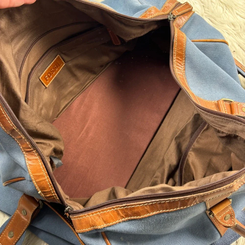 Vintage Fossil Blue Canvas Brown Leather Duffle Bag Travel Classic Preppy Retro